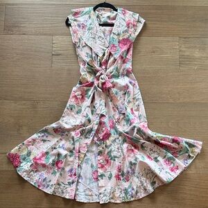 Vintage Pink Floral Tie-Waist Midi Dress